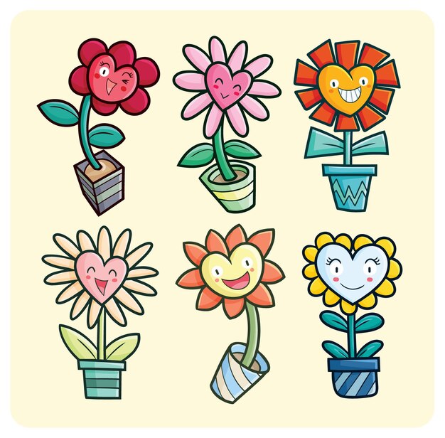 Vector cute heart shape flower characters cartoon set