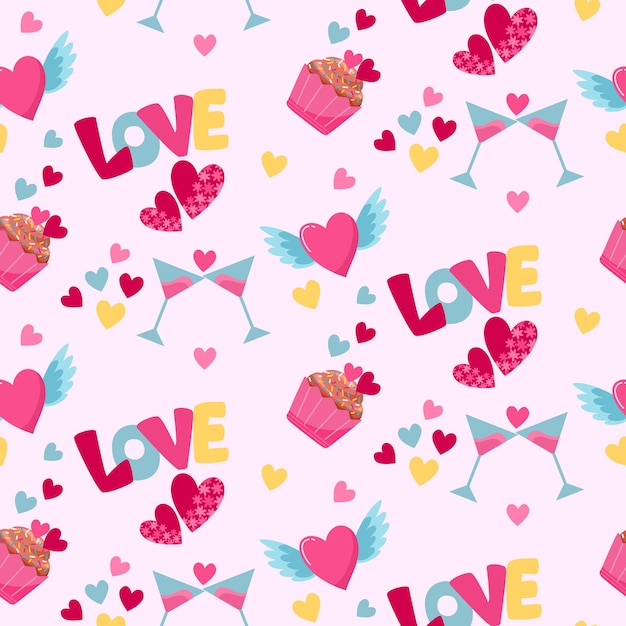 Cute heart shape with cup cake and love letter. Valentin's Day Seamless Pattern.