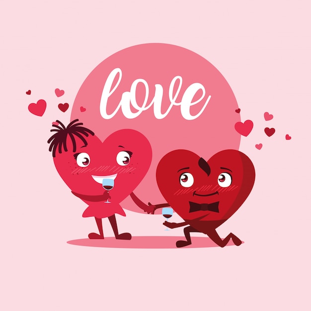 Cute hearts couple with wine cup characters