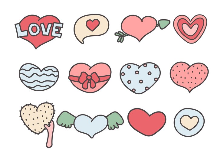 Vector cute hearts set. doodle style. collection of design elements for postcards, stories, wedding and valentine day invitation and greeting cards design