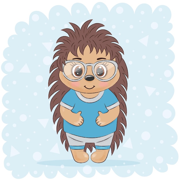 Vector cute hedgehog in blue clothes on a blue background