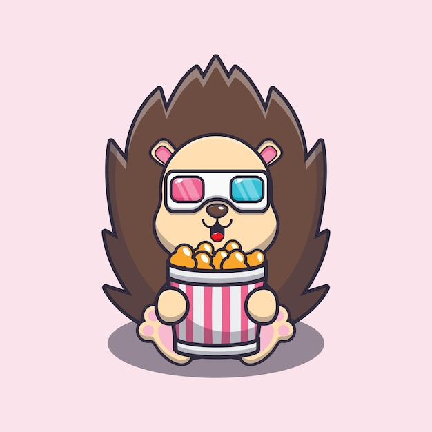 Cute hedgehog eating popcorn and watch 3d movie