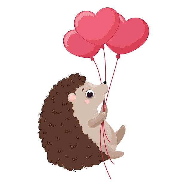 Simpatici palloncini volanti riccio, san valentino. illustrazione vettoriale di un cartone animato.