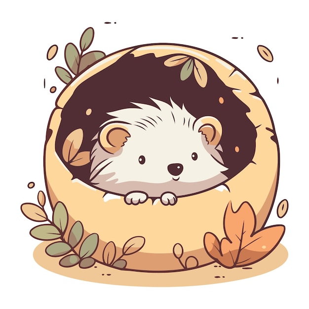 Cute hedgehog in a hole with leaves vector illustration