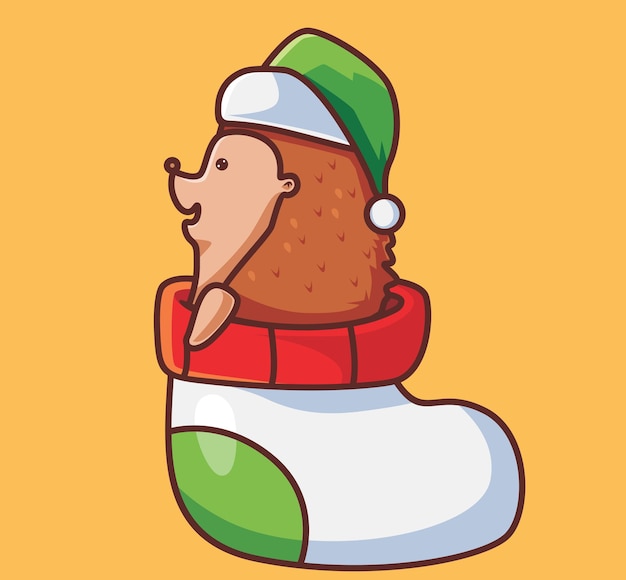 벡터 모자 격리 된 만화 동물 크리스마스 일러스트와 함께 양말 안에 귀여운 고슴도치 플랫 스타일