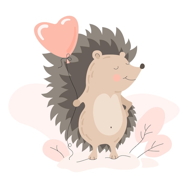 Cute hedgehog in love with heart shaped balloon. National Hedgehog Day. Valentines day