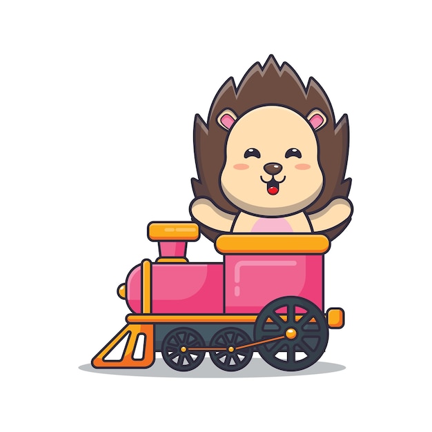 かわいいハリネズミのマスコット漫画のキャラクターが電車に乗る