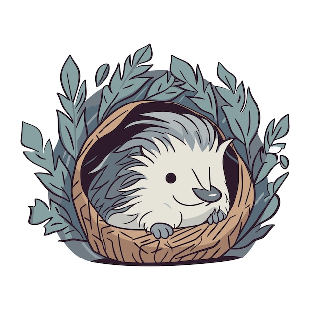 Vector cute hedgehog in the nest with leaves vector illustration