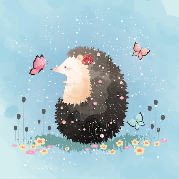 Cute hedgehog playing with butterfly