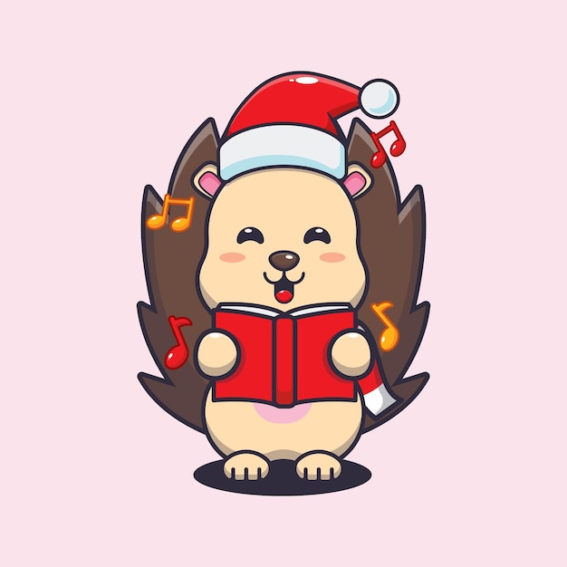 Cute hedgehog sing a christmas song. Cute christmas cartoon illustration.