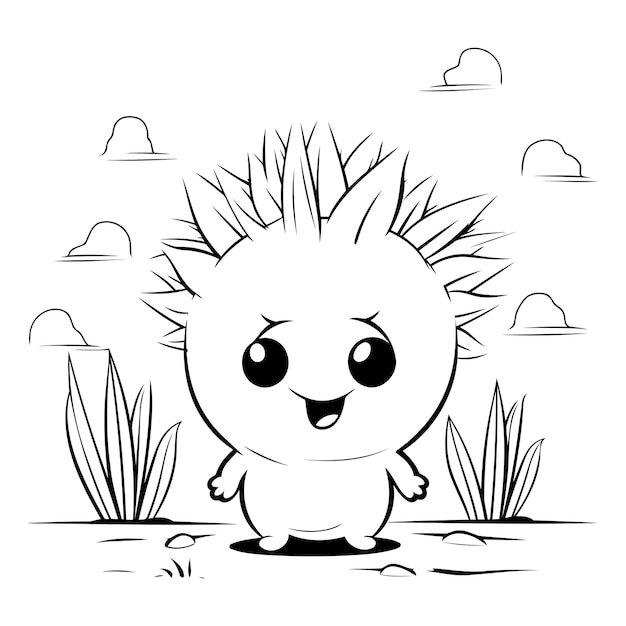 Cute hedgehog standing in the grass for coloring book