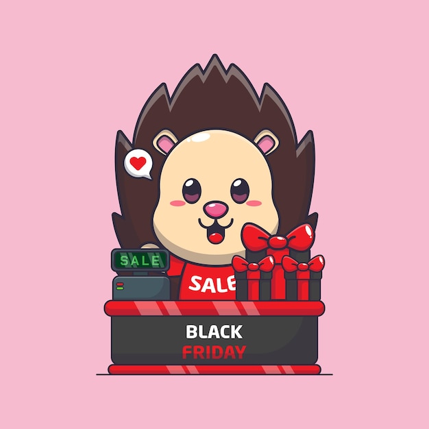 Vector cute hedgehog with cashier table in black friday sale cartoon vector illustration