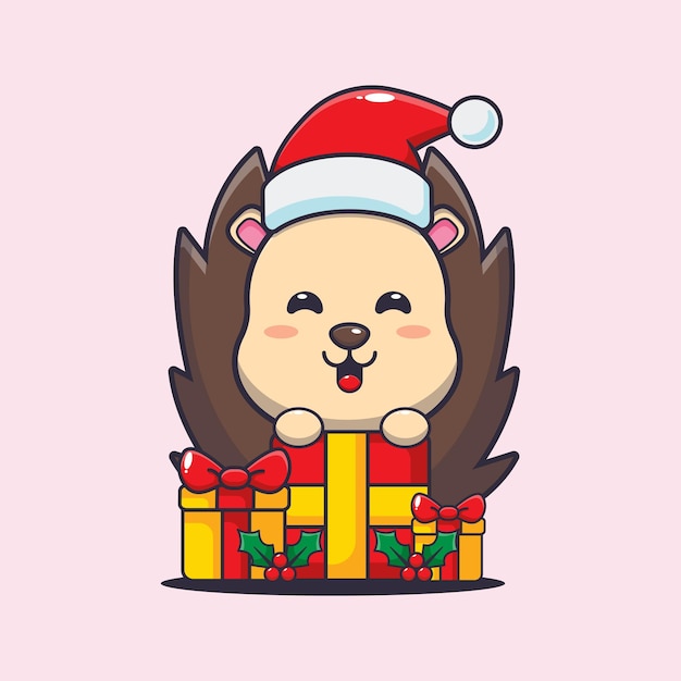 クリスマス プレゼントとかわいいハリネズミ。かわいいクリスマス漫画イラスト。