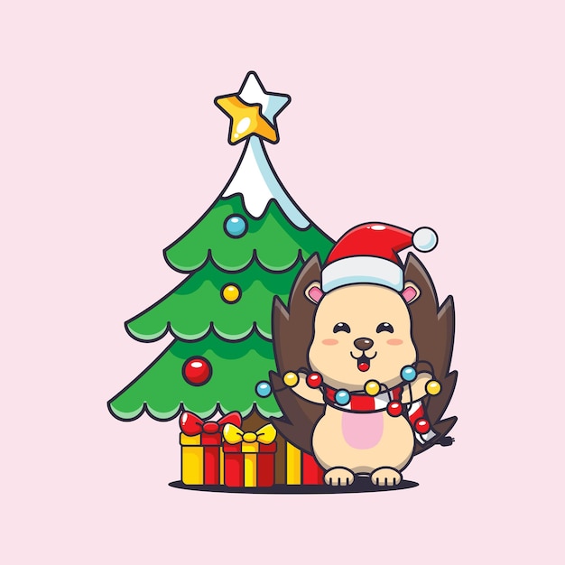 クリスマス ランプとかわいいハリネズミ。かわいいクリスマス漫画イラスト。