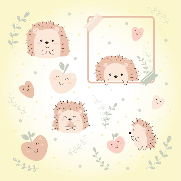 cute hedgehogs and apples. collection of stickers