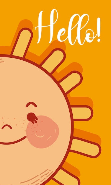 Cute hello card with sun cartoon 