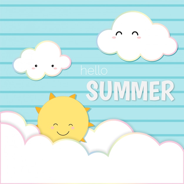 Cute hello summer, sky smiling sun and cloud card background.