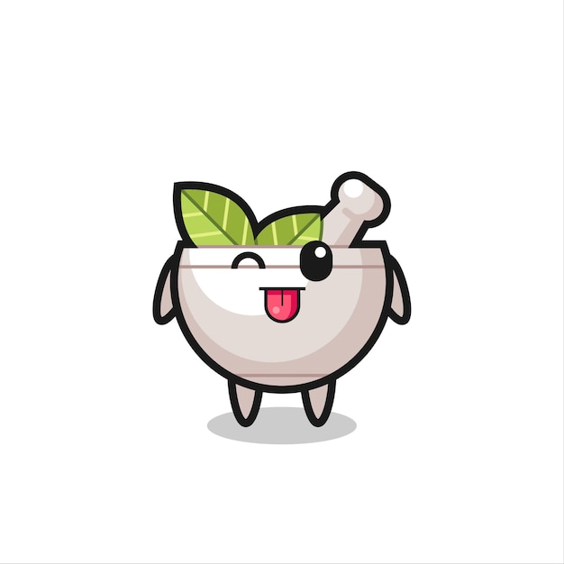 Cute herbal bowl character in sweet expression while sticking out her tongue