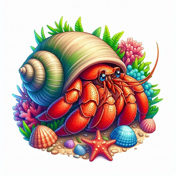 Vector a cute hermit crab cartoon vector art illustration white background