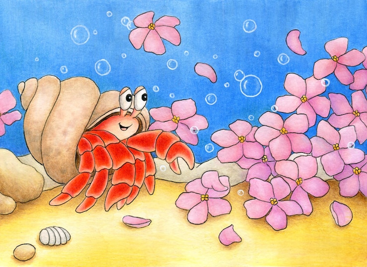 Vector cute hermit crab at the seabed admiring many beautiful pink flowers and smiling