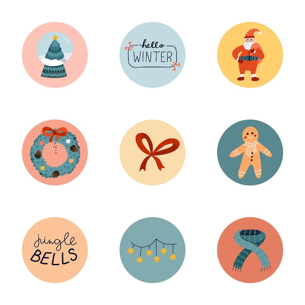 Симпатичные основные моменты для различных компаний-блогеров в социальных сетях о счастливом рождестве, зимнем празднике, новом году, наборе для социальных сетей с векторными рисованными клипартами в яркой палитре
