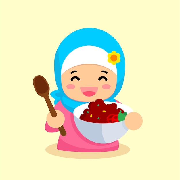 Cute Hijab Girl Cooking with Spatula and Bowl