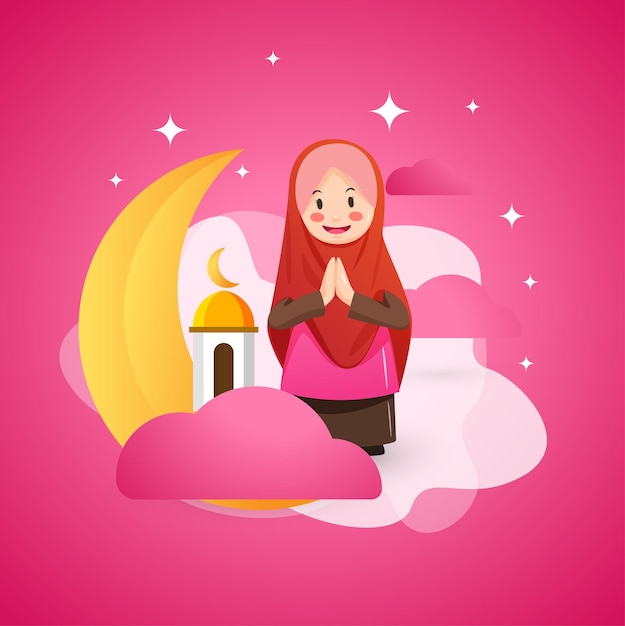 Ragazza carina hijab saluto salam benvenuto ramadhan