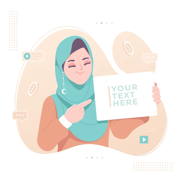 cute hijab girl holding blank paper illustration