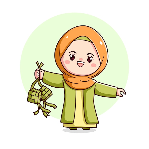 Ketupat를 들고 귀여운 Hijab 소녀