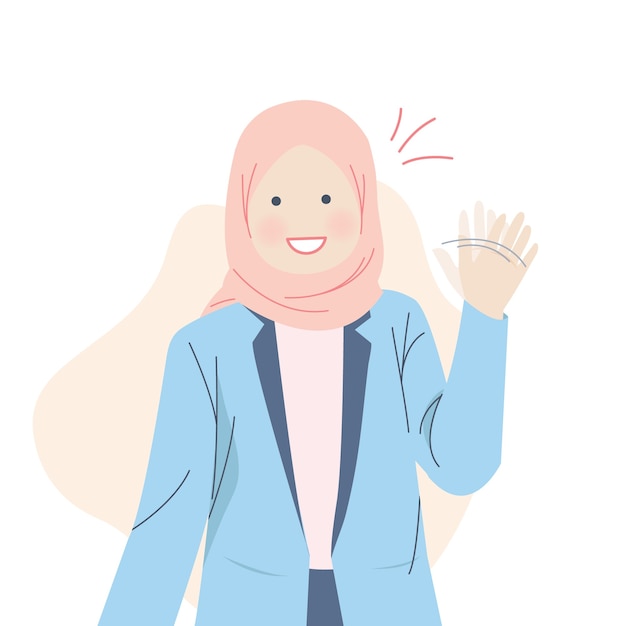 웃 고 손을 흔들며 귀여운 Hijab 소녀