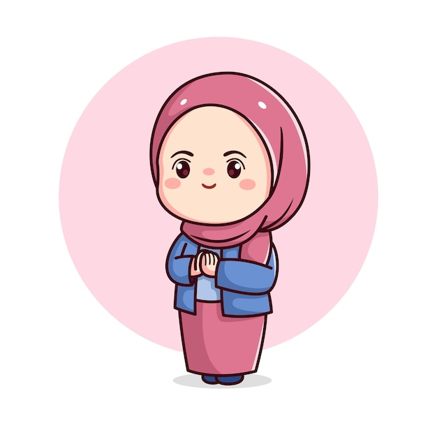 미안하거나 사과하는 귀여운 hijab 소녀는 kawaii chibi 포즈