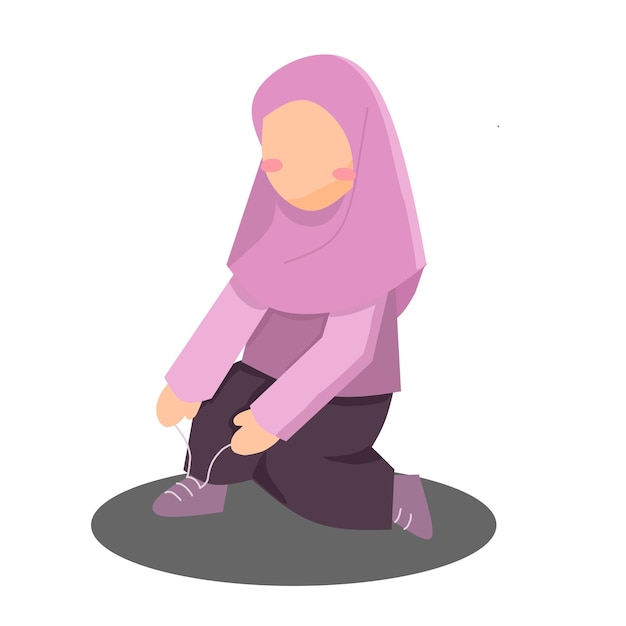 Vector cute hijab girl tying shoes