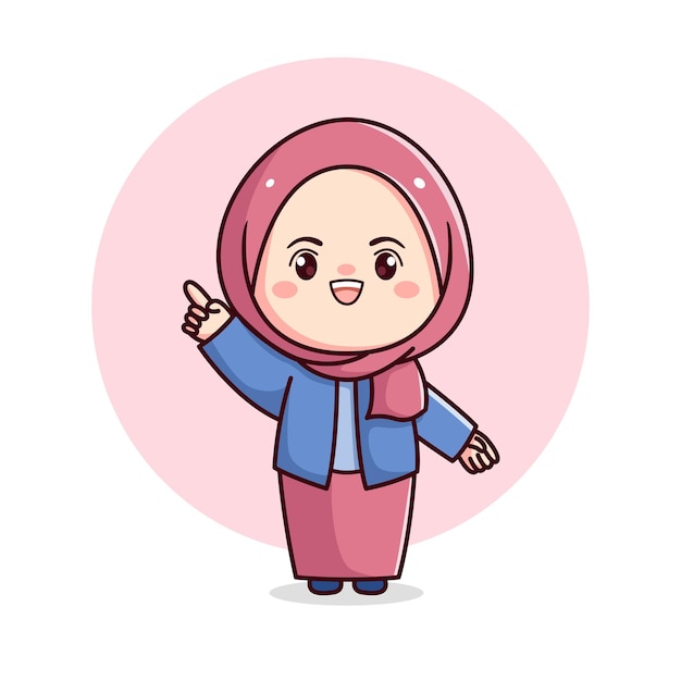 Cute hijab girl with pointing finger in blue and pink dress chibi kawaii