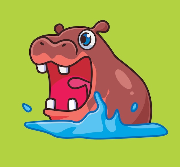 Cute hippo bathing open big mouth isolated cartoon animal illustration flat style sticker icon design premium logo vector mascot character