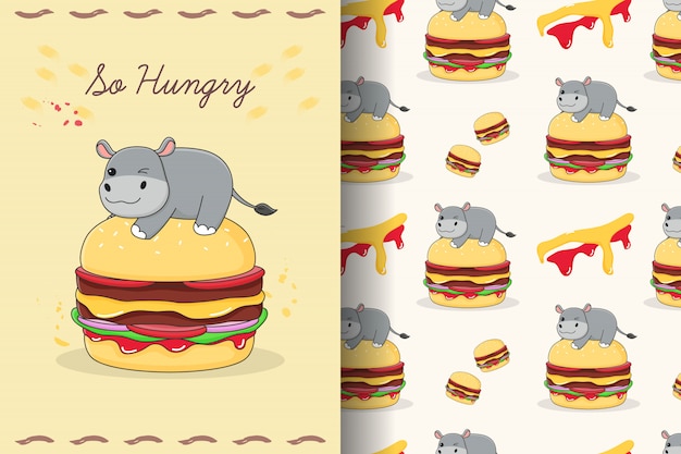 Cute hippo on burger seamless pattern and card