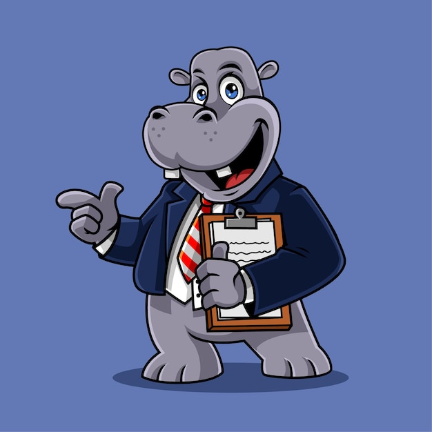 Cute hippo in business suit vector icon illustration