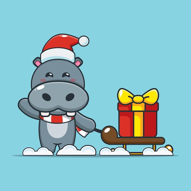 Cute hippo carrying christmas gift cute christmas cartoon illustration