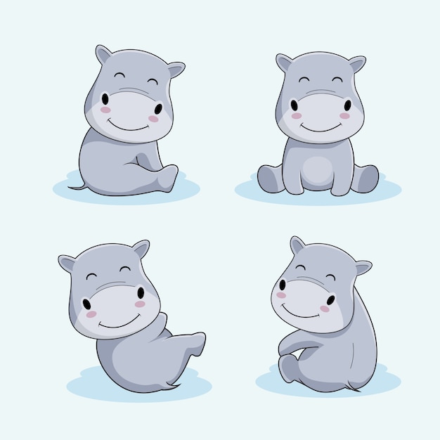 Vector cute hippo cartoon animal set