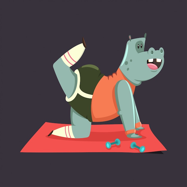 Cute hippo cartoon character doing exercises for buttocks  isolated on .