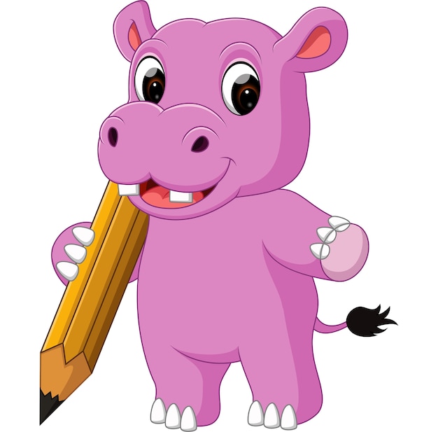 Cute hippo cartoon holding pencil