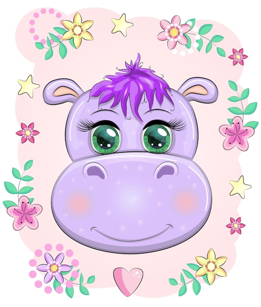 Cute hippo cartoon with beautiful eyes among flowers hearts print tshirts baby clothes fashion design baby shower invitation card