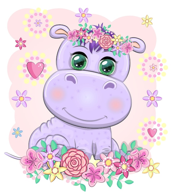 Cute hippo cartoon with beautiful eyes among flowers hearts print tshirts baby clothes fashion design baby shower invitation card