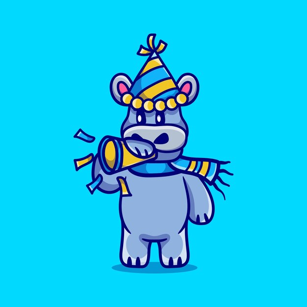 Vector cute hippo celebrates the new year by blowing the trumpet