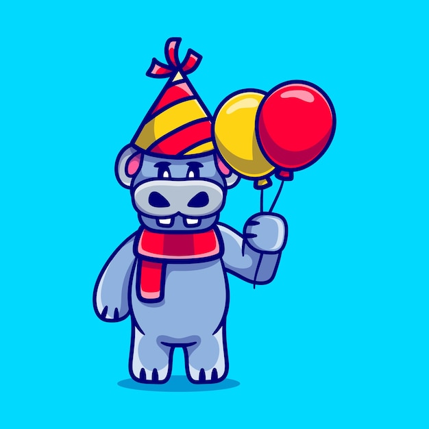 Vector cute hippo celebrating happy new year or birthday with balloons