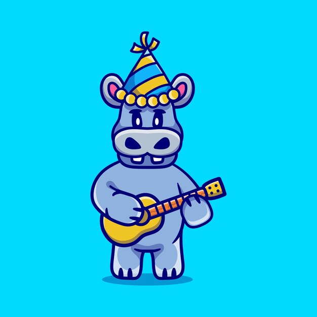 Cute hippo celebrating new year with guitar illustration