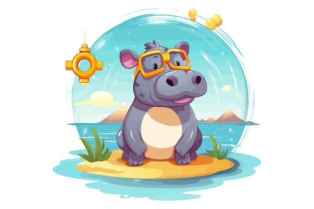 Cute Hippo Character in Goggles and Rubber Ring Standing on Sandy Beach Flat graphic vector illustrations isolated on white background