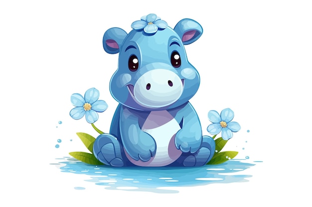 Cute hippo character with blue flower on head sitting flat graphic vector illustrations isolated on white background