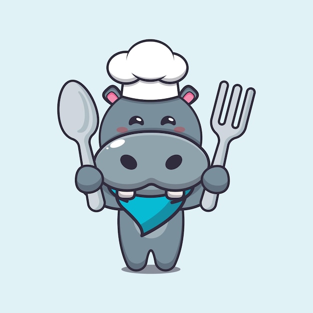 Simpatico personaggio dei cartoni animati della mascotte del cuoco unico dell'ippopotamo che tiene cucchiaio e forchetta