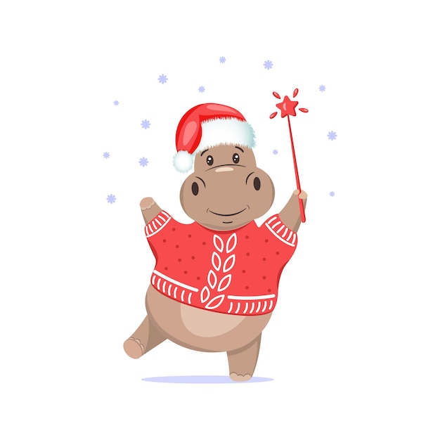 A cute hippo in Christmas Santa hat is holding magic wand.