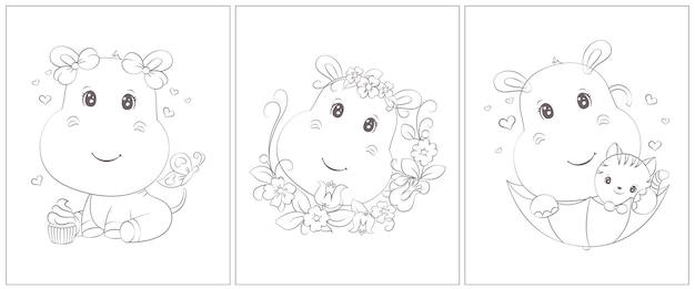 Cute hippo coloring page. Set of three pages for a coloring book.